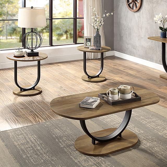 OLBIA 3 Pc. Coffee Table Set (1C+2E), Rustic Oak/Sand Black Half Price Furniture