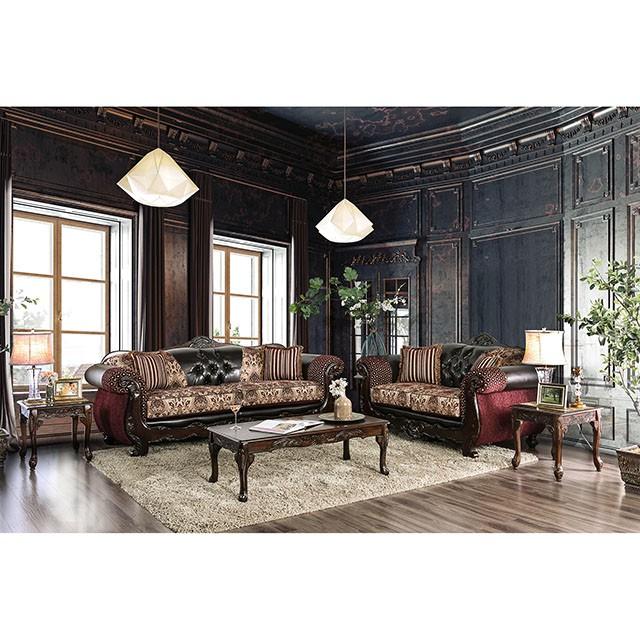 Quirino Burgundy/Dark Brown Love Seat Half Price Furniture