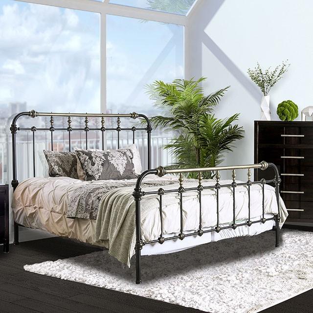 RIANA Antique Black Metal E.King Bed Half Price Furniture