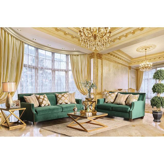 VERDANTE Emerald Green/Gold Love Seat Half Price Furniture