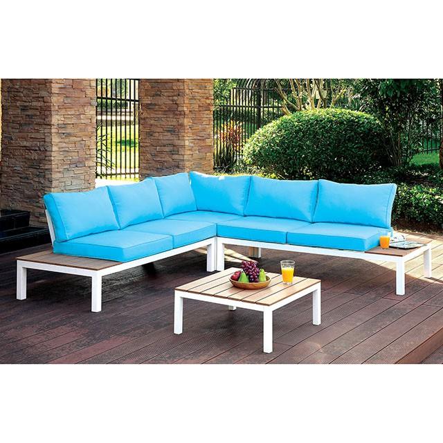 WINONA White/Oak/Blue Patio Sectional w/ Table Half Price Furniture