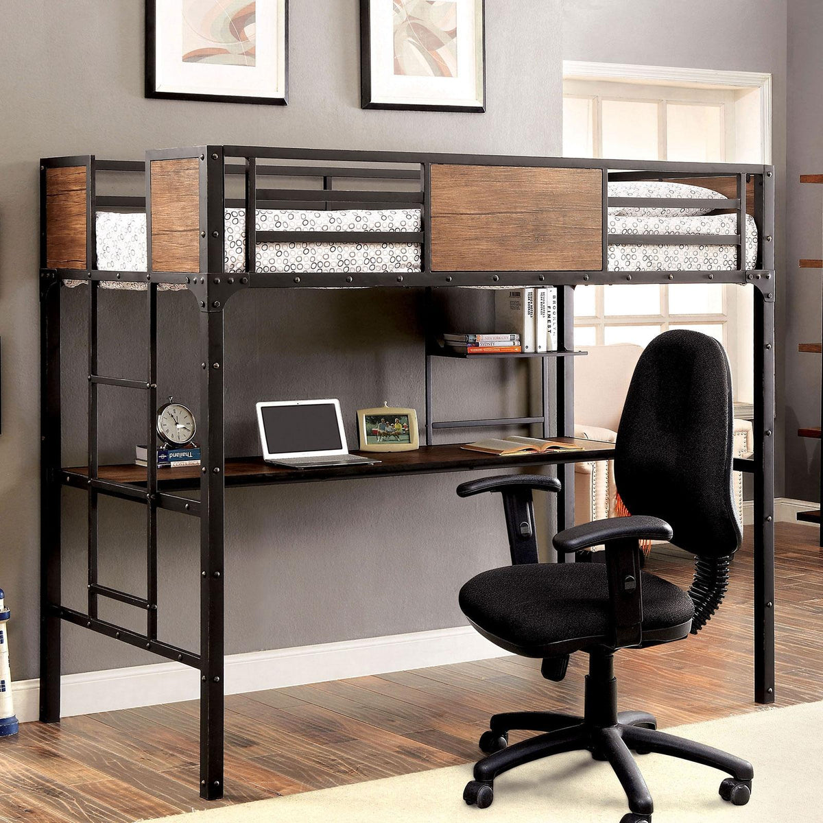 CLAPTON Black Twin Bed w/ Workstation Half Price Furniture