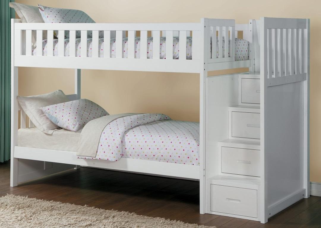 Homelegance Galen Bunk Bed w/ Reversible Step Storage in White B2053SBW-1* - Half Price Furniture