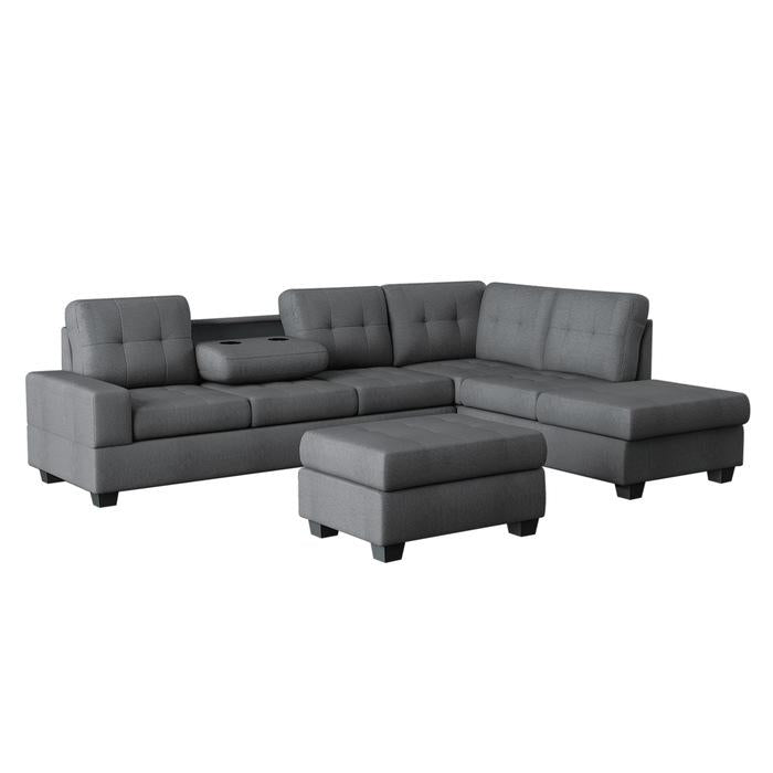 9507DGY*3OT - (3)3-Piece Reversible Sectional with Drop-Down Cup Holders and Storage Ottoman Half Price Furniture