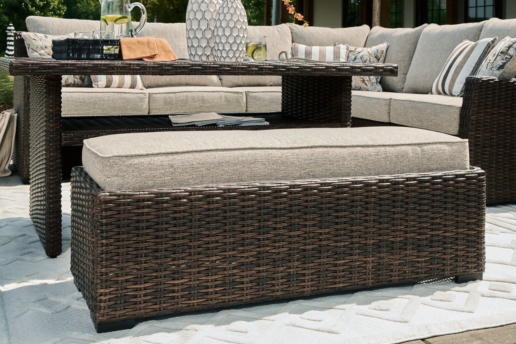 Brook Ranch Outdoor Sofa Sectional/Bench with Cushion (Set of 3) - Half Price Furniture